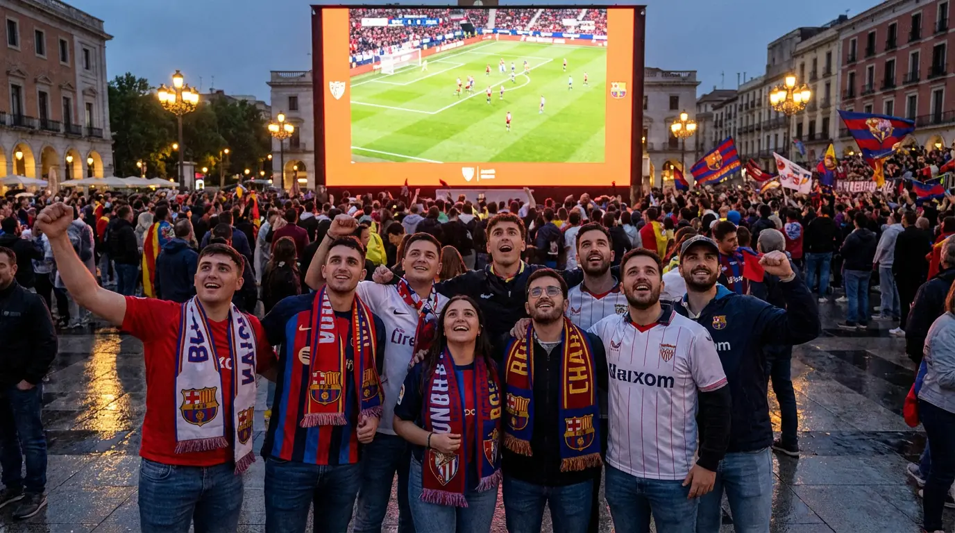 Aficionados del calcio italiano de distintos países siguiendo un partido de la Serie A 2025/26 en una pantalla gigante