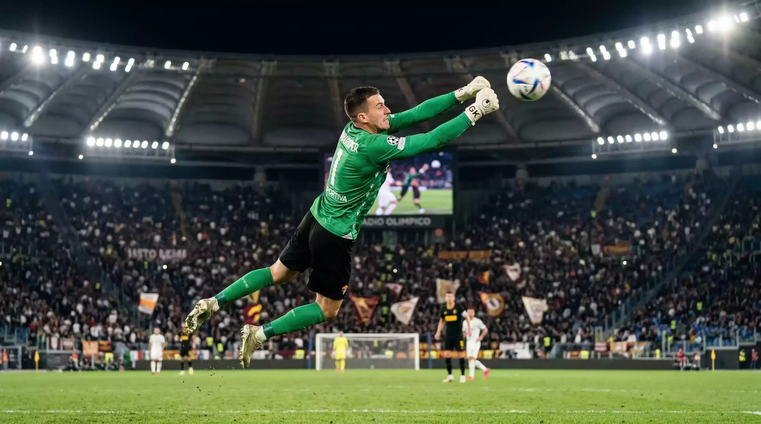 Portero italiano despejando un balón con los puños durante un partido nocturno de la Serie A 2025/26 en un estadio de fútbol