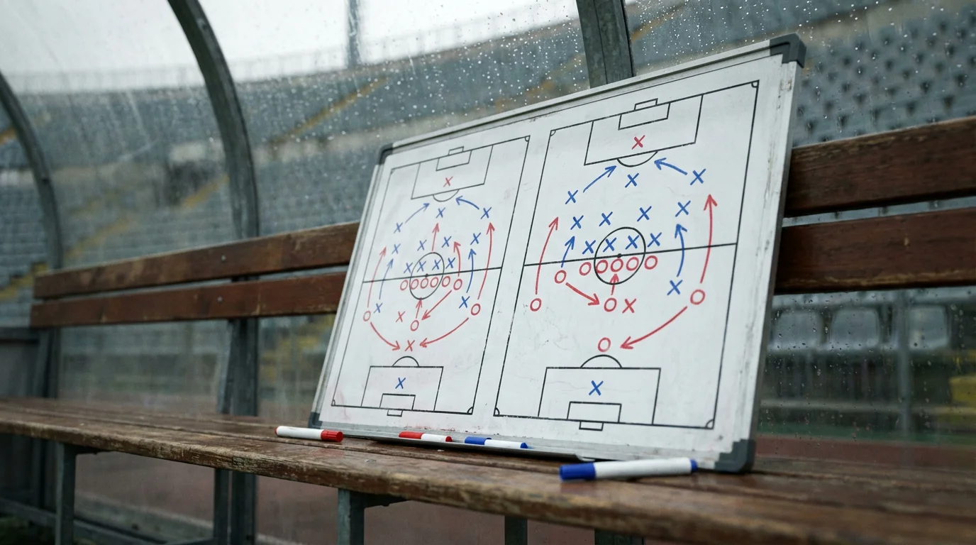 Pizarra táctica con dos esquemas de juego dibujados lado a lado en un banquillo de fútbol italiano