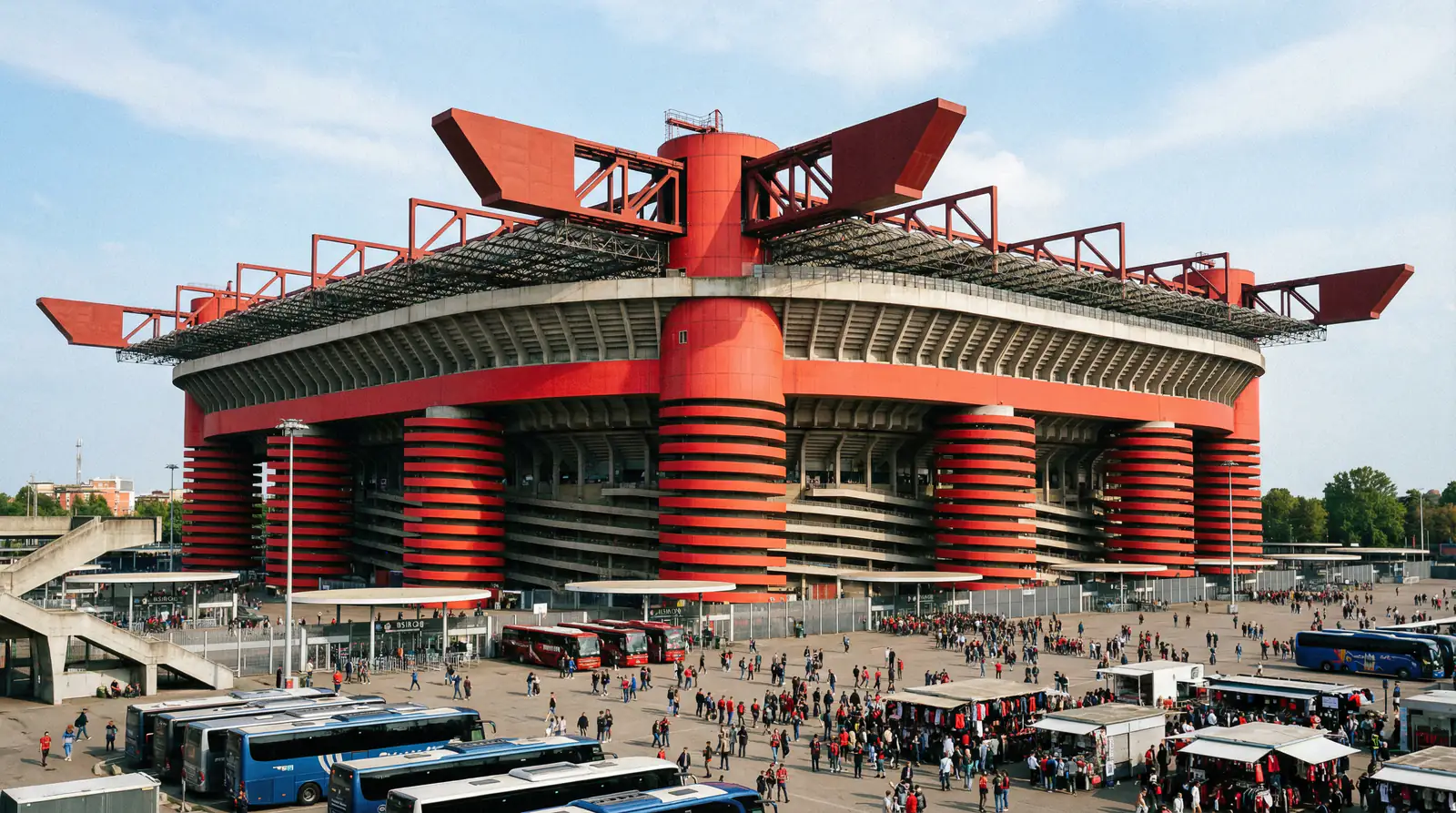 Panorámica exterior del estadio San Siro de Milán antes de un partido de fútbol de la Serie A 2025/26