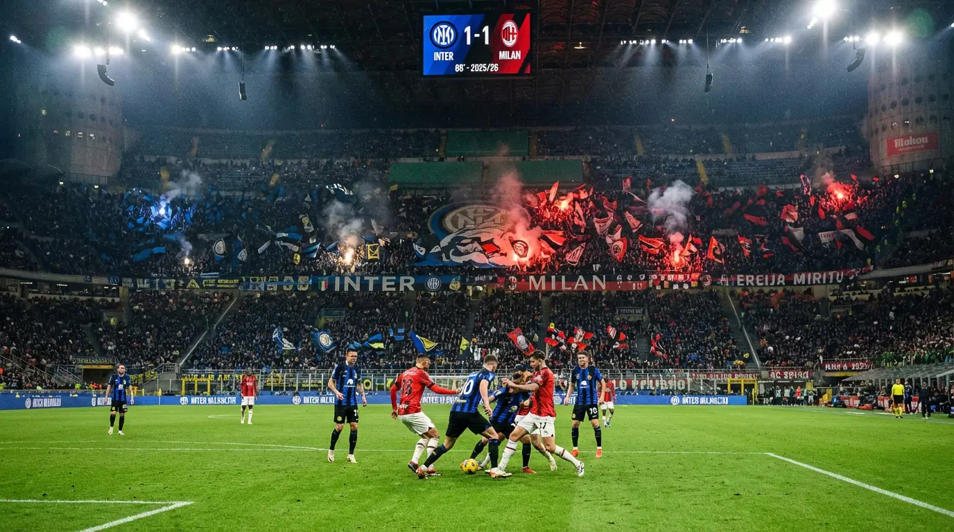 Aficionados de Inter y Milan con bengalas en el Derby della Madonnina disputado en San Siro durante la Serie A 2025/26