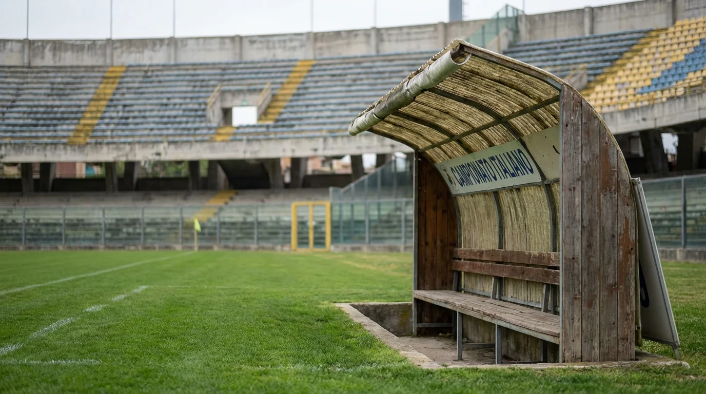 Banquillo vacío de un estadio de fútbol italiano antes del inicio de un partido de la Serie A 2025/26
