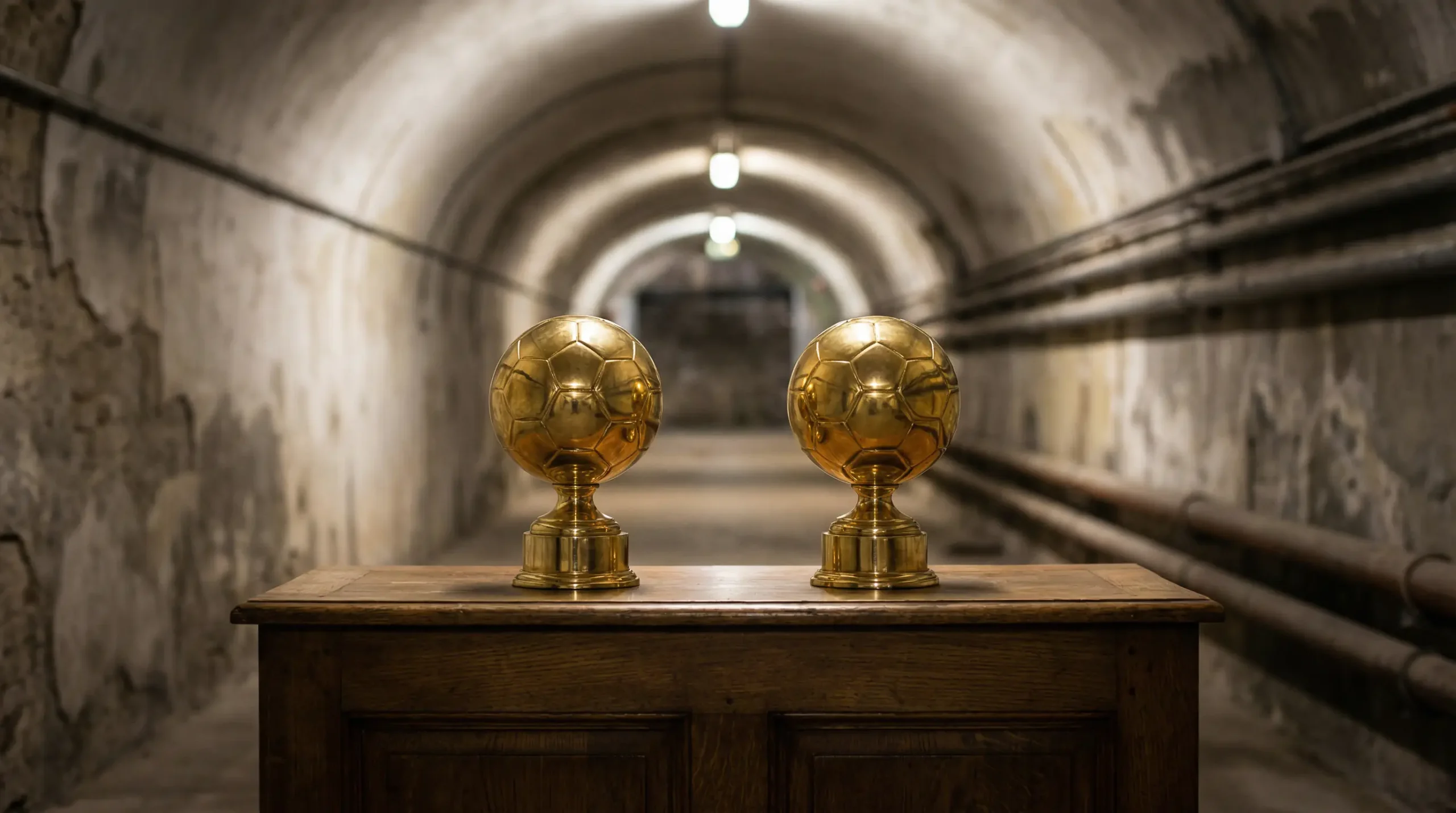 Dos trofeos dorados de fútbol colocados lado a lado sobre una mesa oscura en un estadio italiano