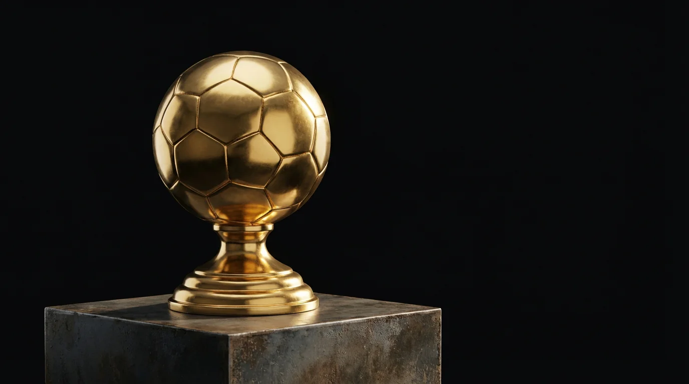 Trofeo dorado de fútbol iluminado sobre un fondo oscuro en un estadio italiano