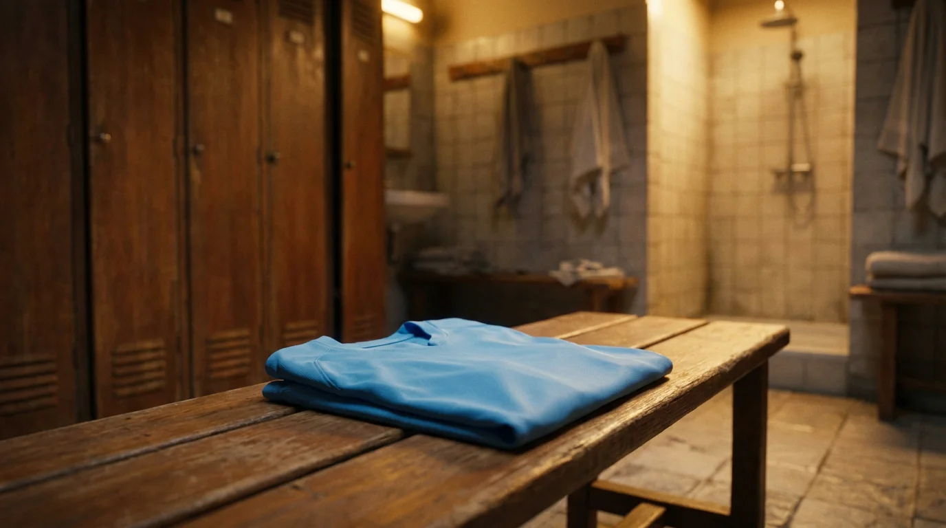 Camiseta azul celeste de fútbol doblada sobre un banco de vestuario en un estadio italiano