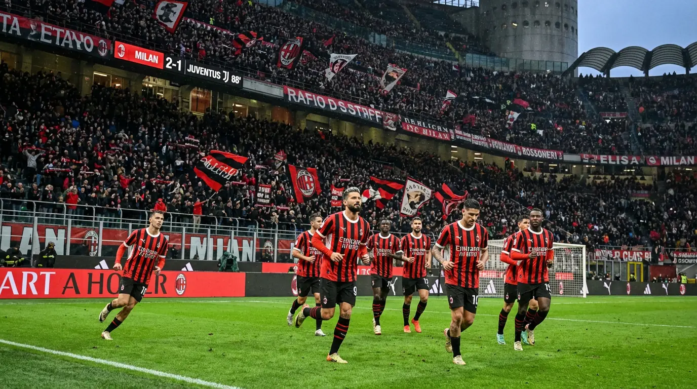 Jugadores del Milan durante un partido en San Siro con la tifoseria rossonera al fondo
