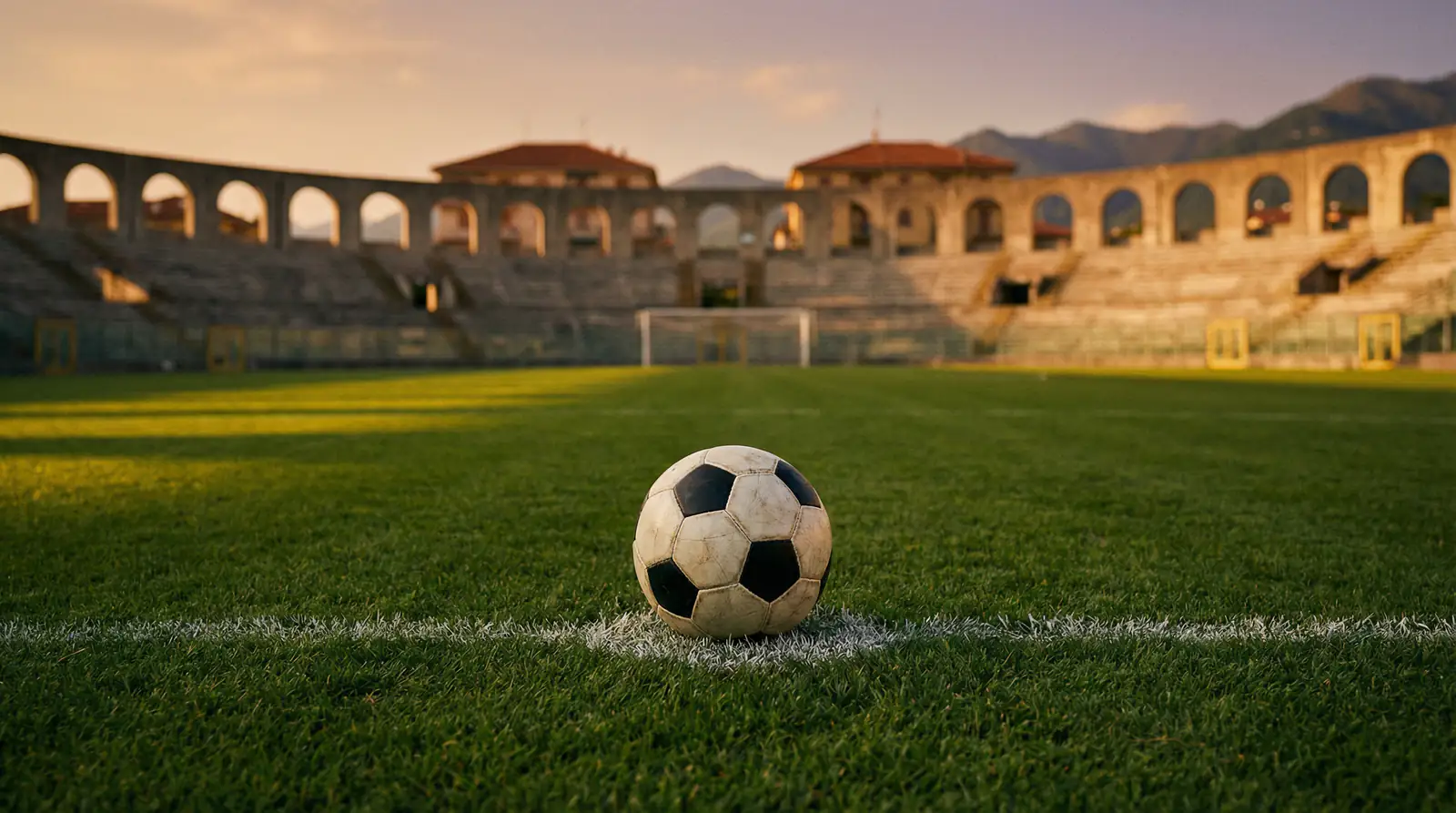 Balón de fútbol reposando sobre el césped del círculo central en un estadio italiano antes de un partido