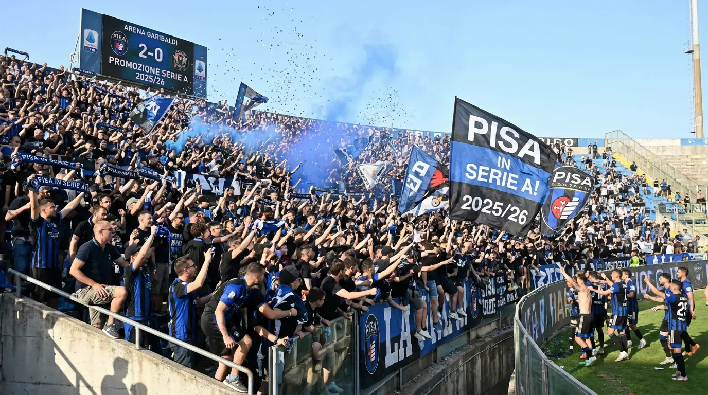 Aficionados del Pisa celebrando el ascenso a la Serie A 2025/26 en el estadio Arena Garibaldi