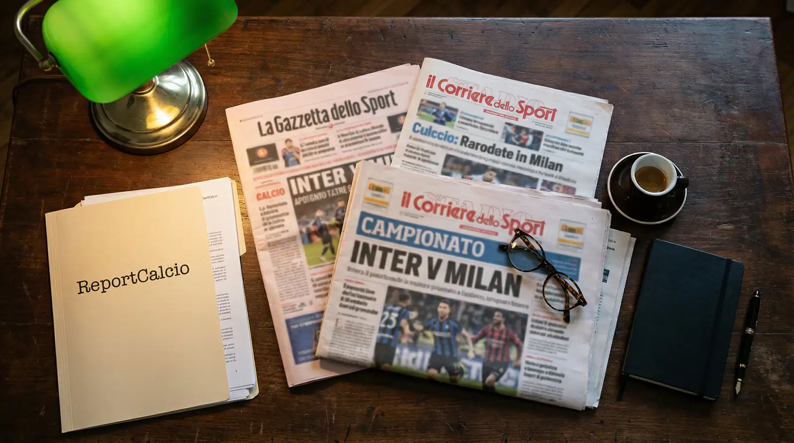 Sala de redacción italiana con periódicos deportivos abiertos sobre la mesa junto a un informe económico del calcio