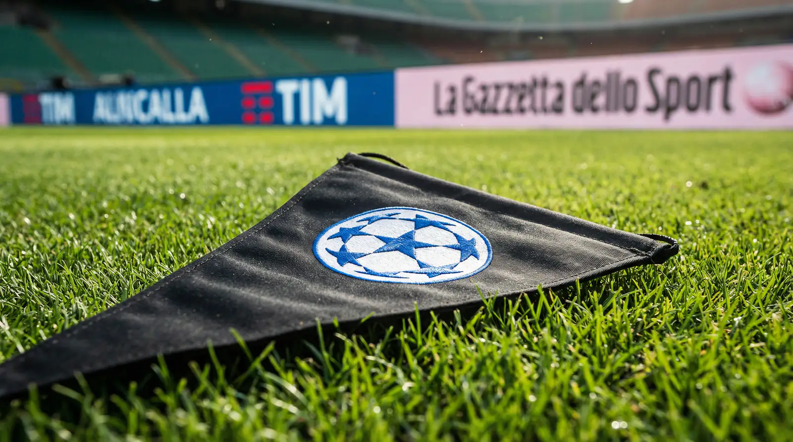 Escudo de la Champions League sobre el césped de un estadio italiano durante un partido de la Serie A 2025/26