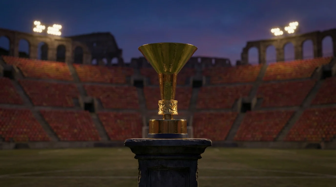 Trofeo del Scudetto de la Serie A sobre un pedestal en un estadio italiano vacío